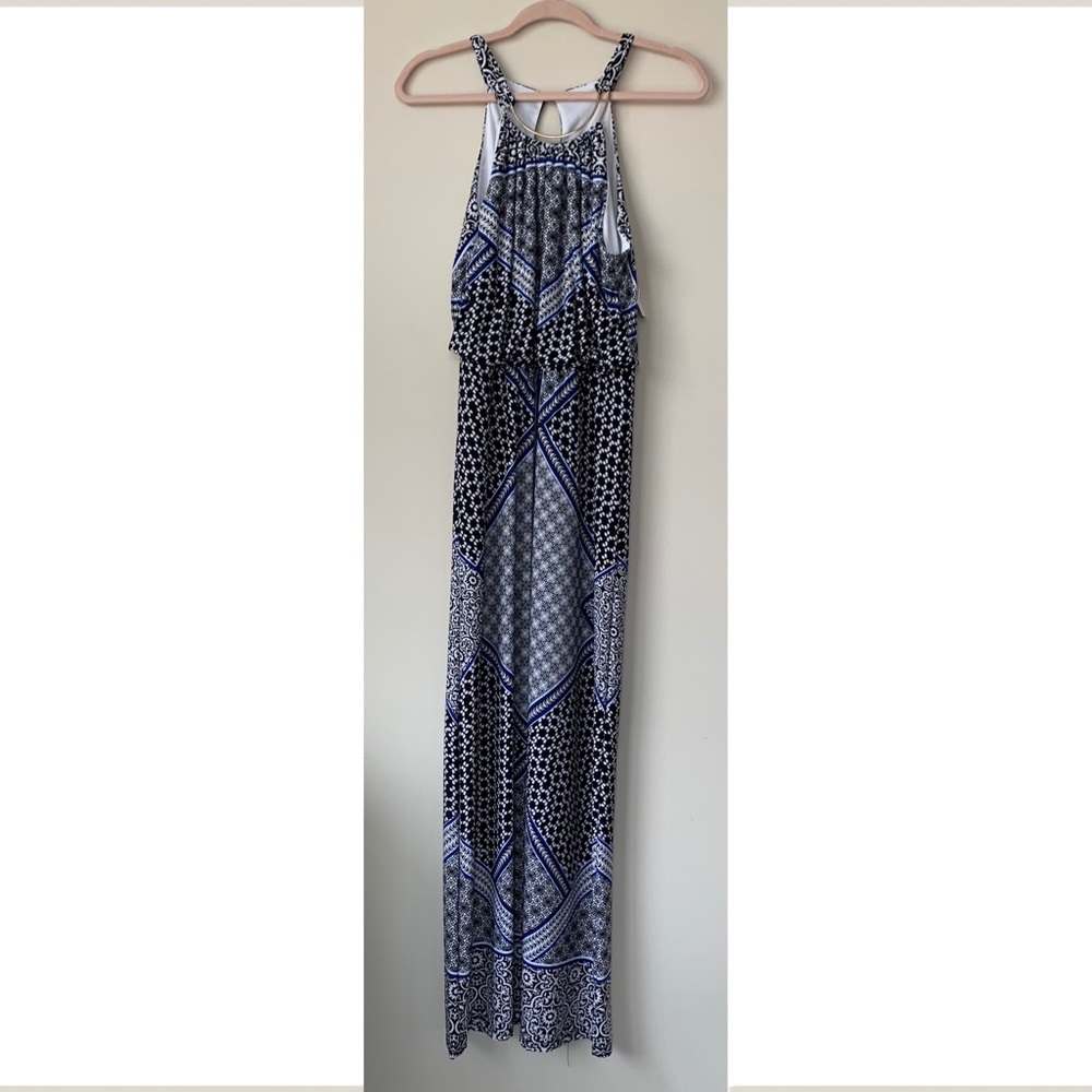 BISOU BISOU NWT Maxi Dress Sleeveless Blue Black White Size 4 Scoop Neck
